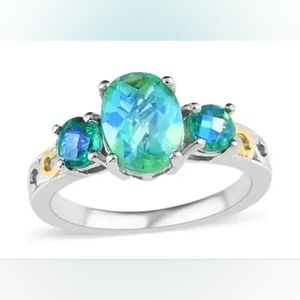 Peacock Quartz Triplet 3 Stone Ring in 18K YG & Platinum Over Sterling Silver